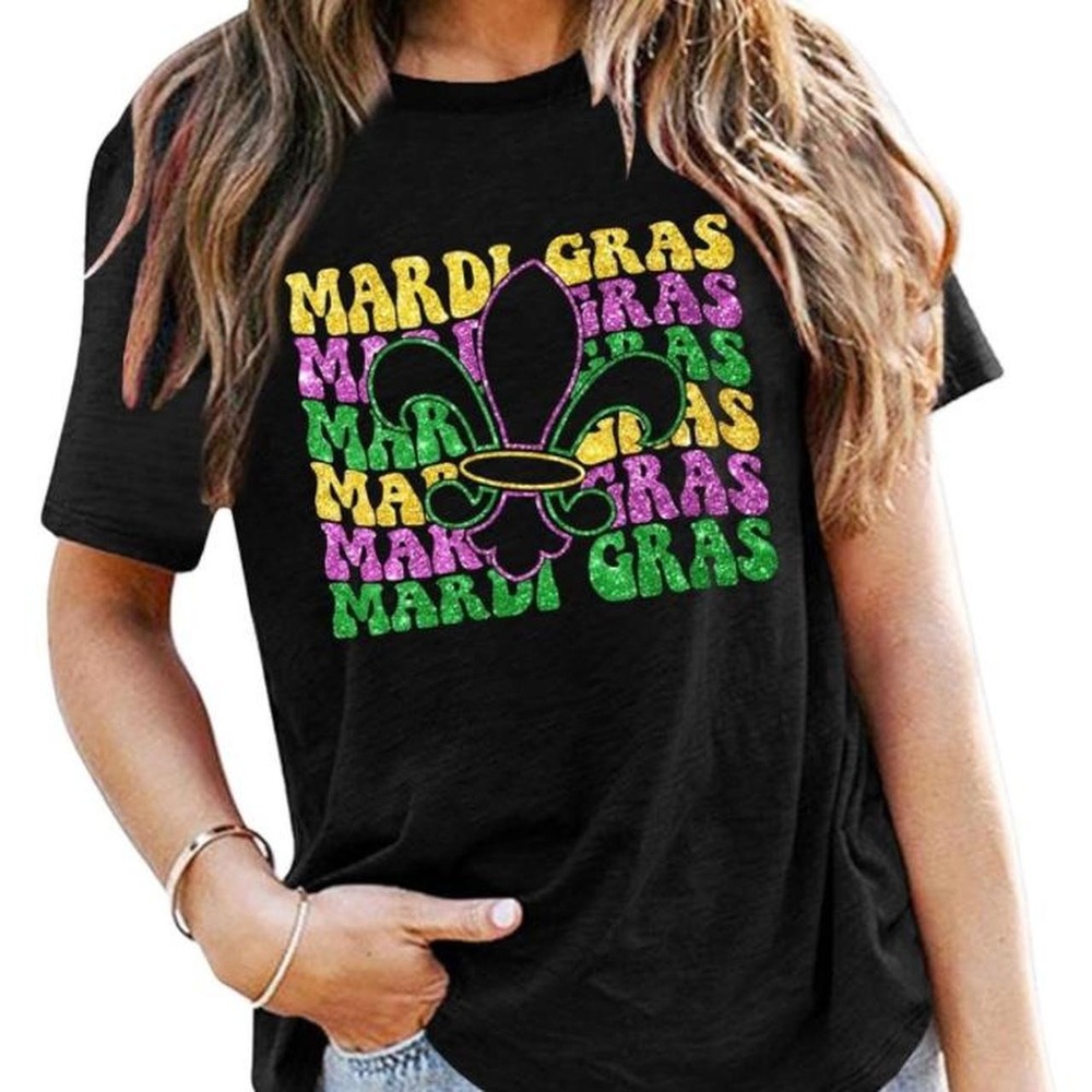 Mardi Gras T Shirt Women Glitter Mask Graphic Tee Fat Tuesday Tshirt